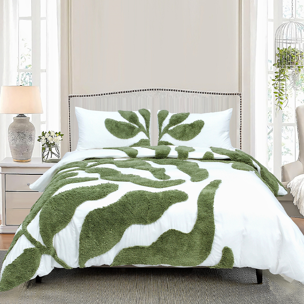 Belle Botanical Large Scale Leaf Tufted Chenille Vez Navlaka za poplun Komplet navlaka za poplun Komplet posteljine